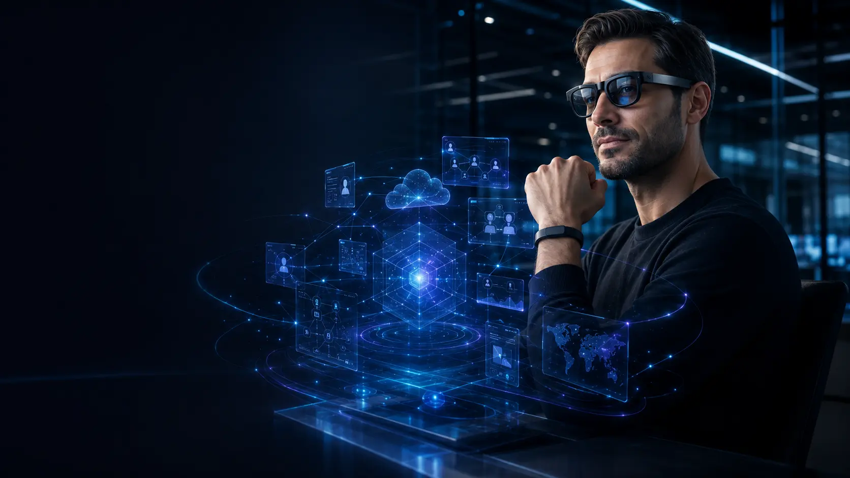 MetaCore operatorius su išmaniais akiniais ir erdvine Master AI projekcija